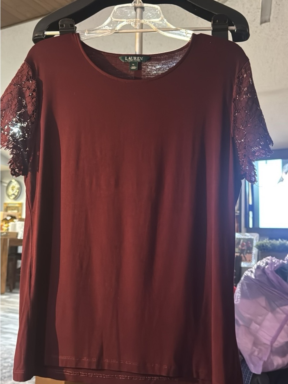 Ralph Lauren Burgundy Short-Sleeve Top with Lace Sleeves#163